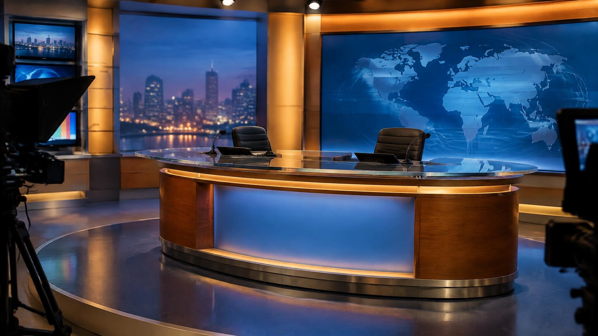Television broadcast news desk in an empty studio
